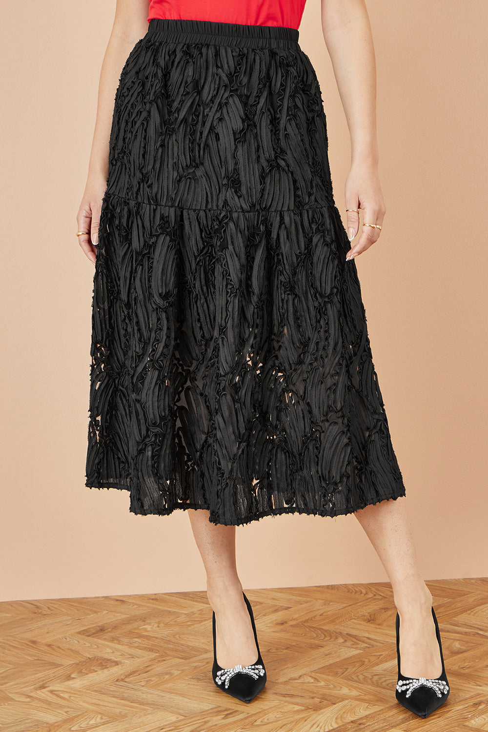 Yumi Black Mesh Applique Sequin Midi Skirt Skirts Yumi