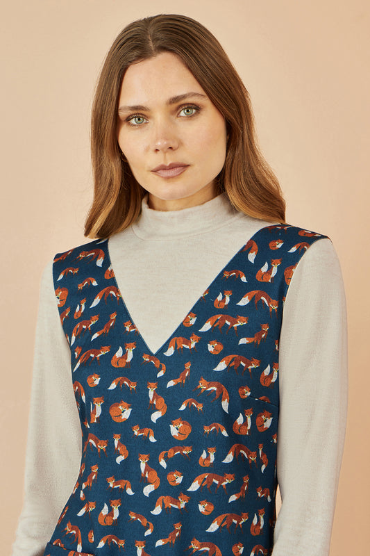 Yumi Navy Fox Long Sleeve Layered Tunic Dress With Front Pocket Dress Casual Yumi