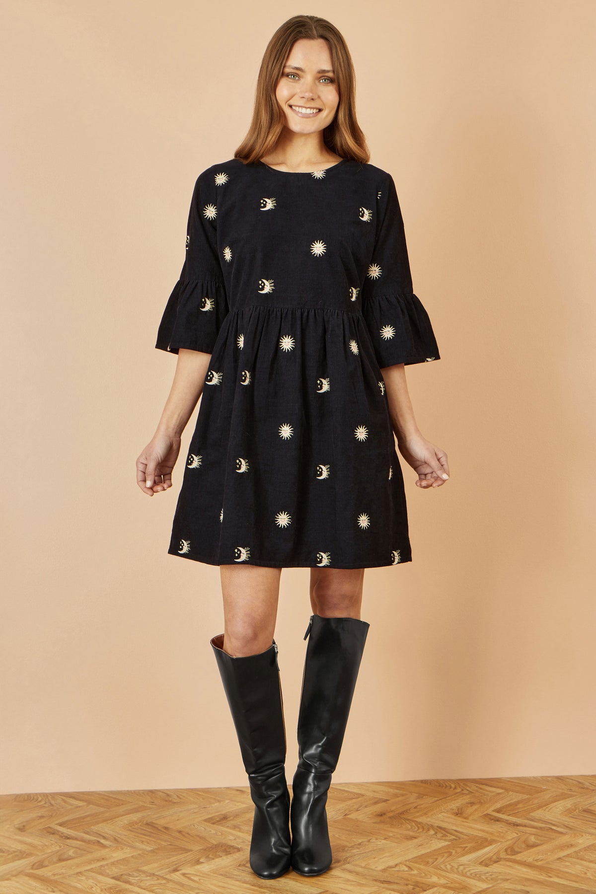 Yumi Black Cosmic Embroidery Cord Tunic Dress Dress Casual Yumi