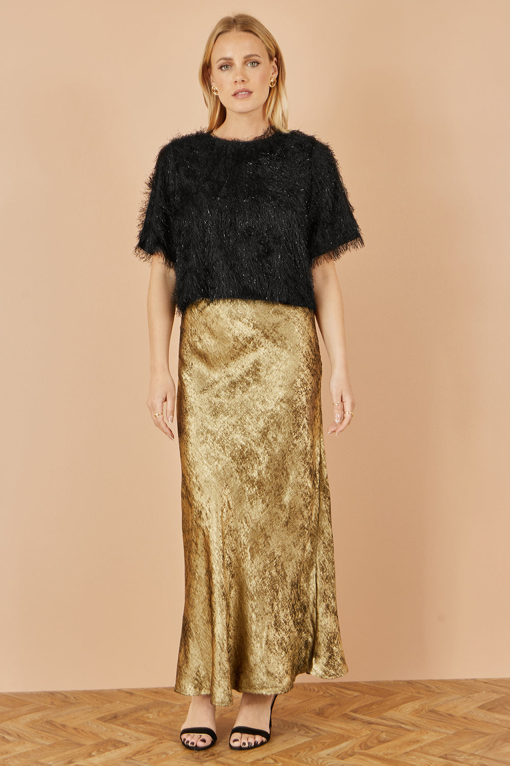 Yumi Gold Satin Midi Skirt Skirts Yumi