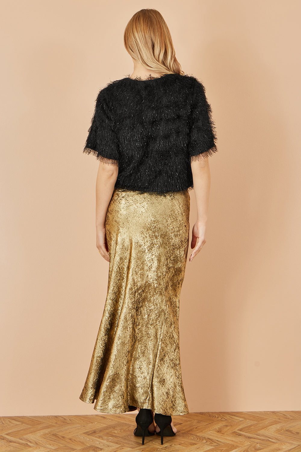 Yumi Gold Satin Midi Skirt Skirts Yumi