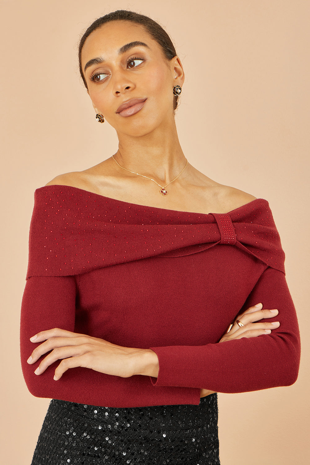 Yumi Burgundy Sparkle Bardot Jumper With Diamante Detail Knit Xmas Jumper Yumi