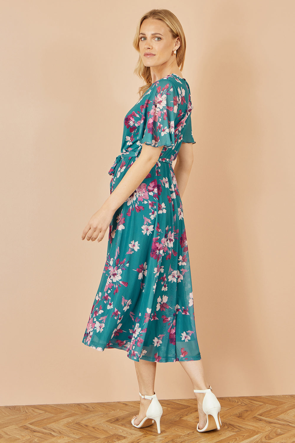 Yumi Teal Mesh Skater Floral Midi Dress Dress Occasion Yumi