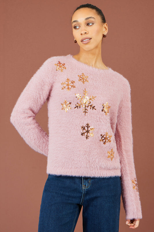 Yumi Pink Sequin Snowflake Fluffy Jumper Knit Xmas Jumper Yumi