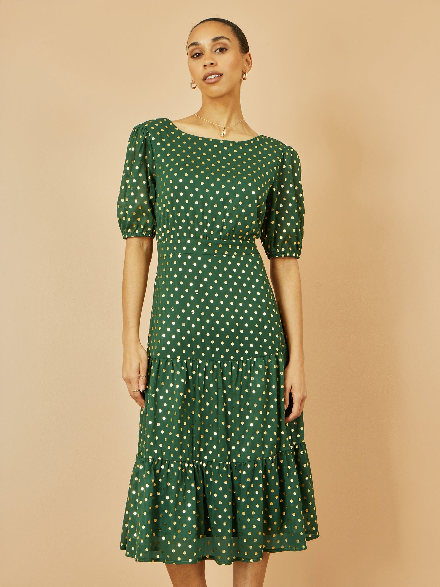 Yumi Green Gold Foil Spot Midi Dress With Scoop Back DRES Party Yumi