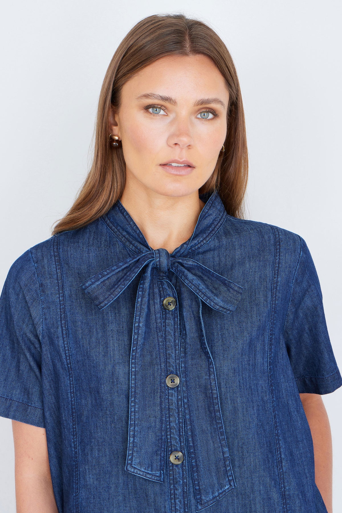 Yumi Blue Chambray Tunic With Pussy Bow Tie Dress Casual Yumi