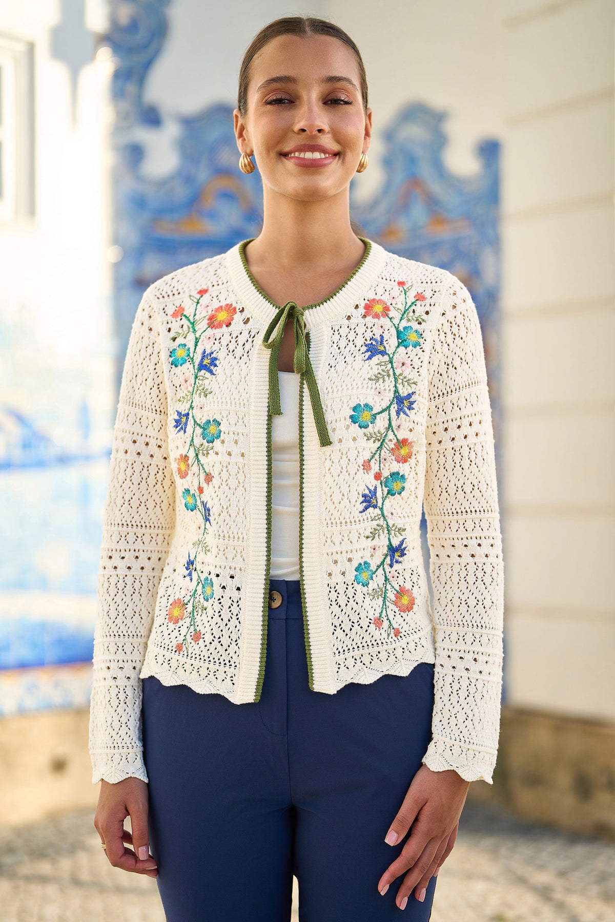 Yumi Ivory Crochet Knitted Tie Front Cardigan With Floral Embroidery Knit Cardigan Yumi
