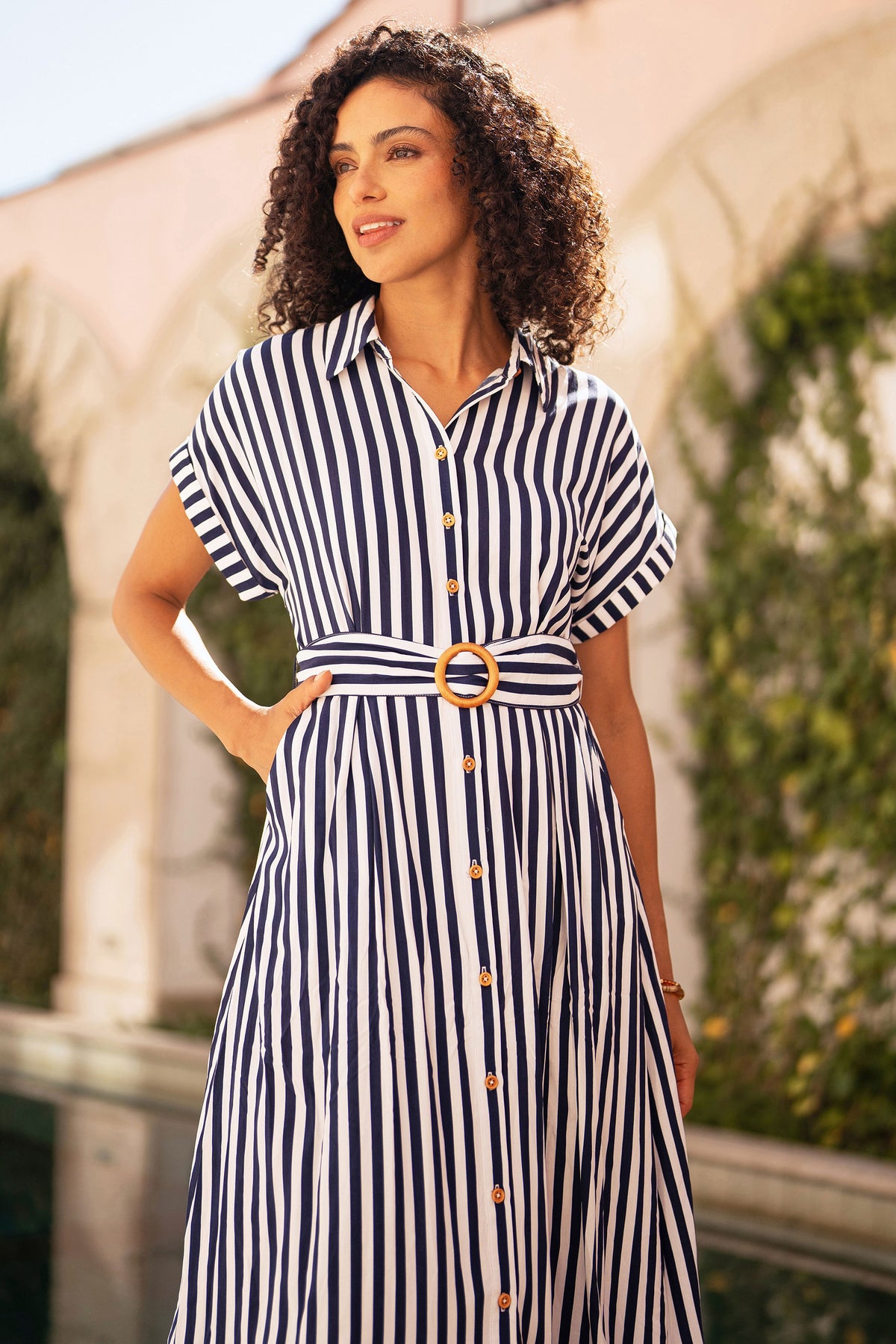 Yumi Navy Stripe Print Relaxed Midi Shirt Dress With Belt Dress Casual Yumi