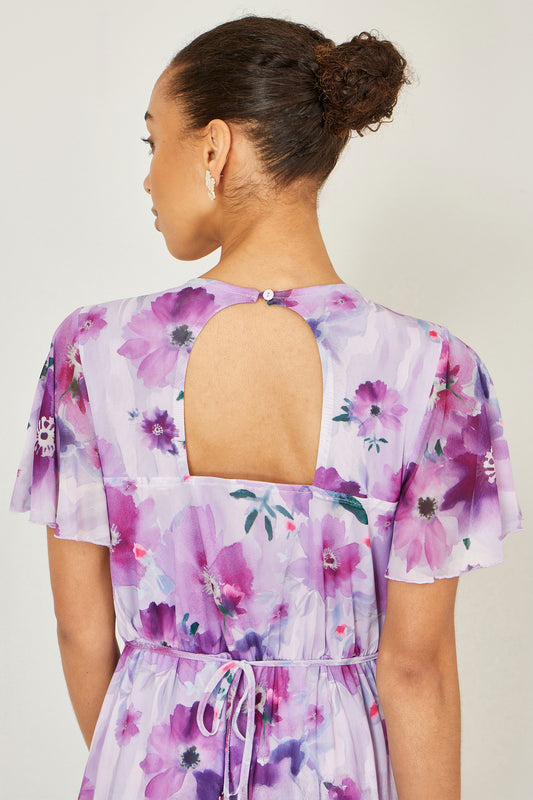 Yumi Lavender Floral Print Frill Midi Dress Dress Occasion Yumi