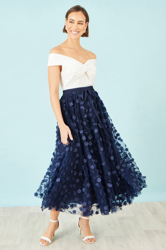 Yumi Navy Mesh Floral Applique Midi Skirt Skirts Yumi