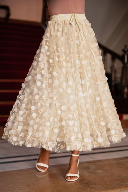 Yumi Ivory Mesh Floral Applique Midi Skirt Skirts Yumi