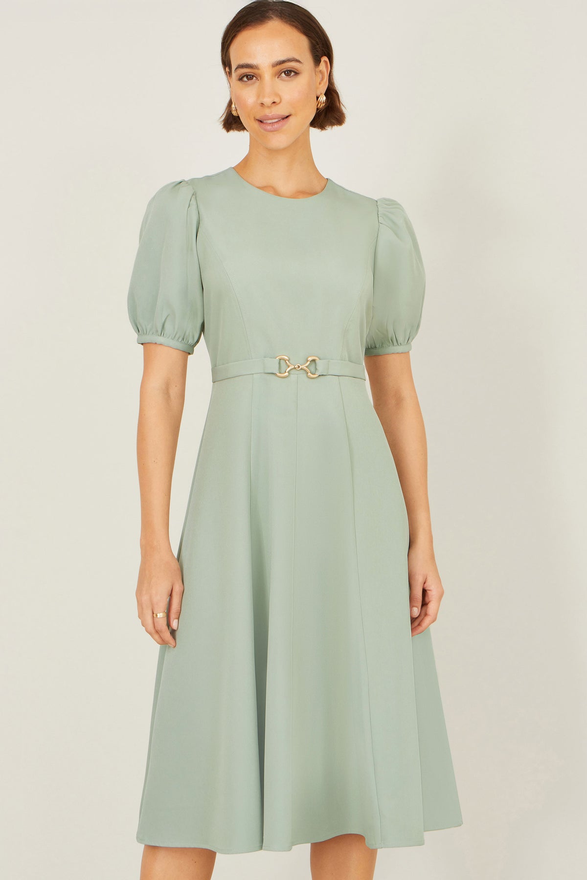 Yumi Mint Skater Dress With Puff Sleeves And Buckle Detail Dress Occasion Yumi