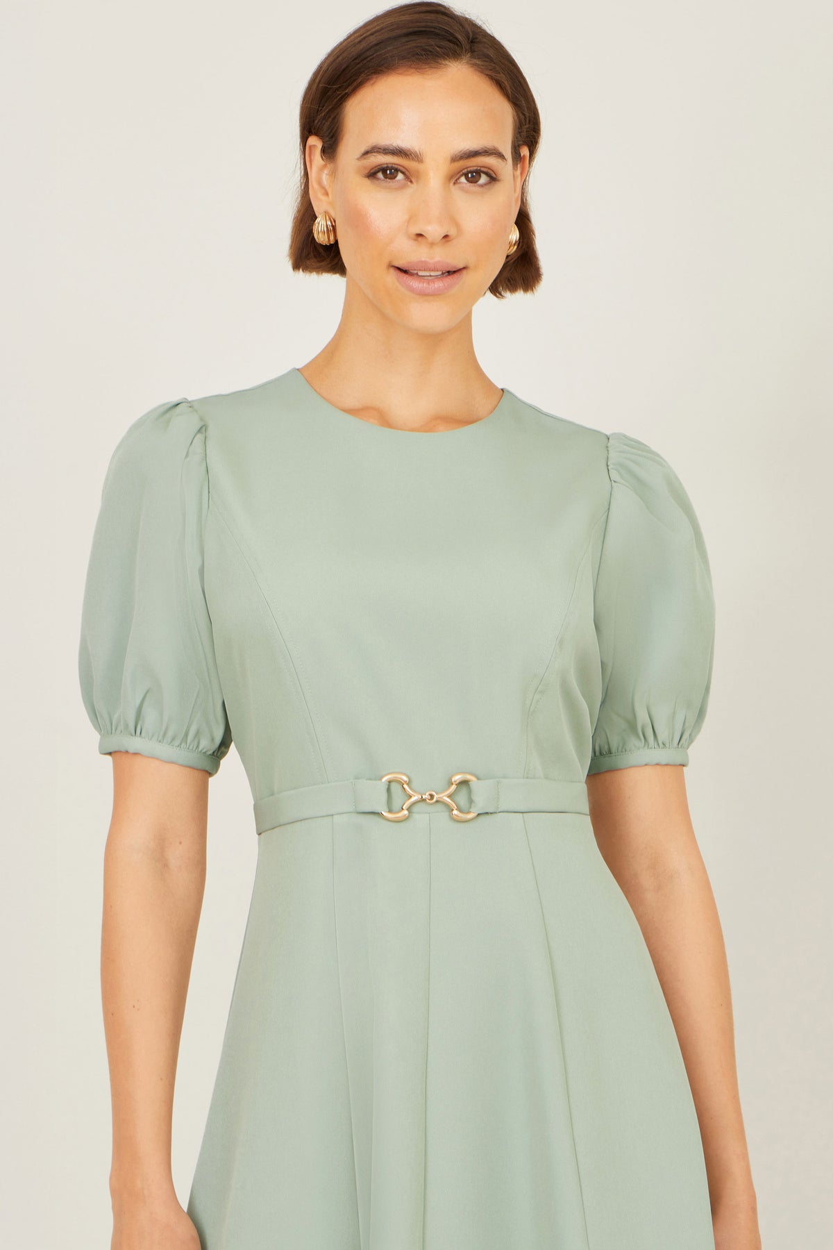 Yumi Mint Skater Dress With Puff Sleeves And Buckle Detail Dress Occasion Yumi
