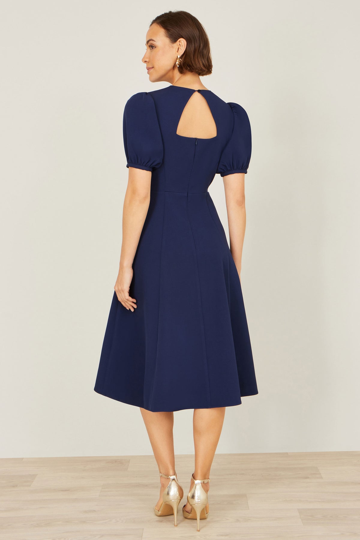 Yumi Navy Skater Dress With Puff Sleeves And Buckle Detail Dress Occasion Yumi