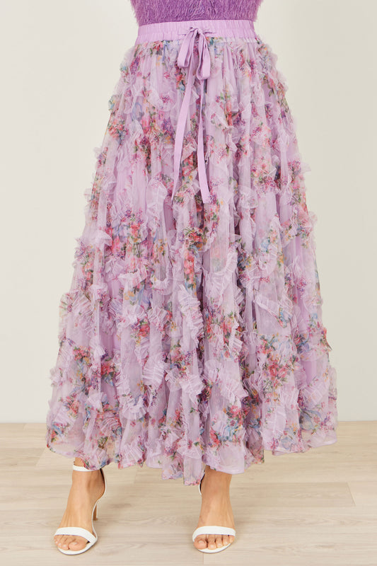 Yumi Lilac Floral Ruffle Mesh Midi Skirt Skirts Yumi