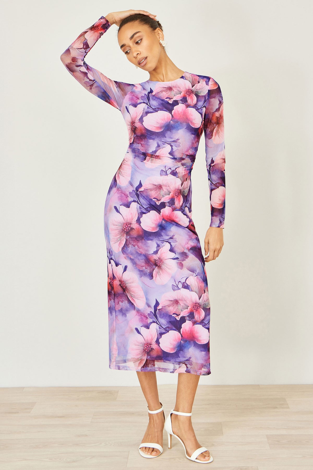 Yumi Purple Floral Mesh Midi Dress With Tie Back Dress Occasion Yumi