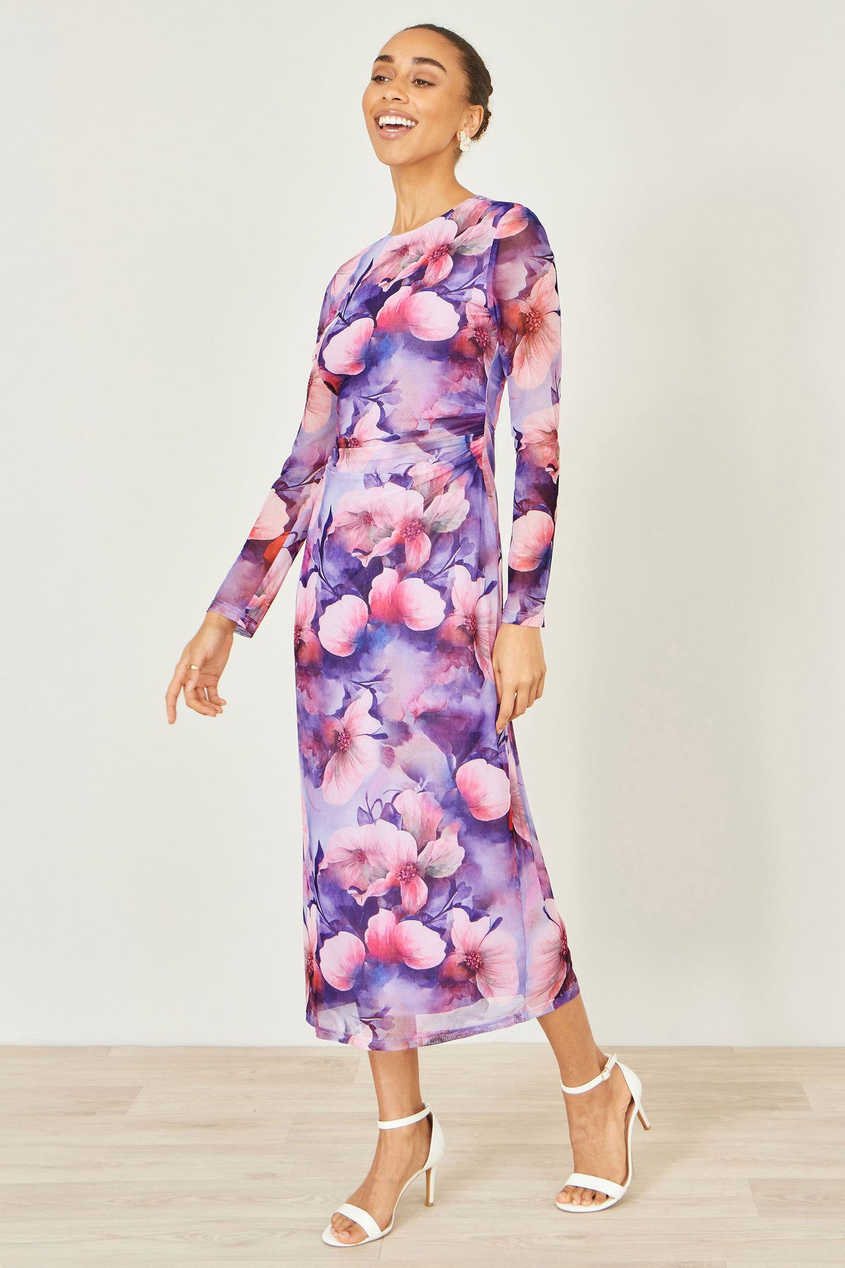 Yumi Purple Floral Mesh Midi Dress With Tie Back Dress Occasion Yumi