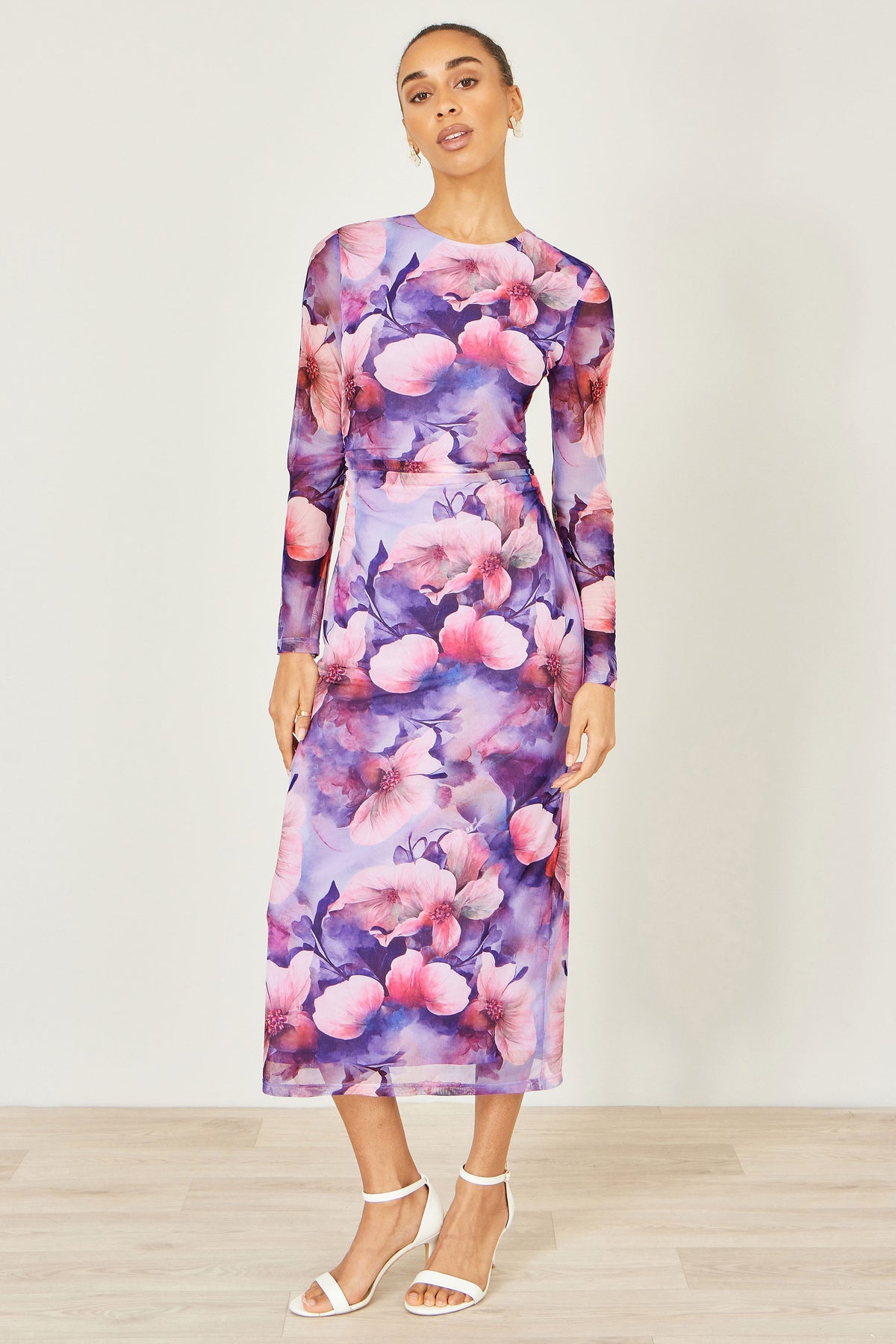 Yumi Purple Floral Mesh Midi Dress With Tie Back Dress Occasion Yumi