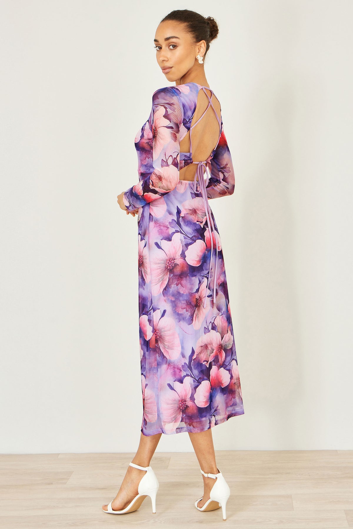 Yumi Purple Floral Mesh Midi Dress With Tie Back Dress Occasion Yumi