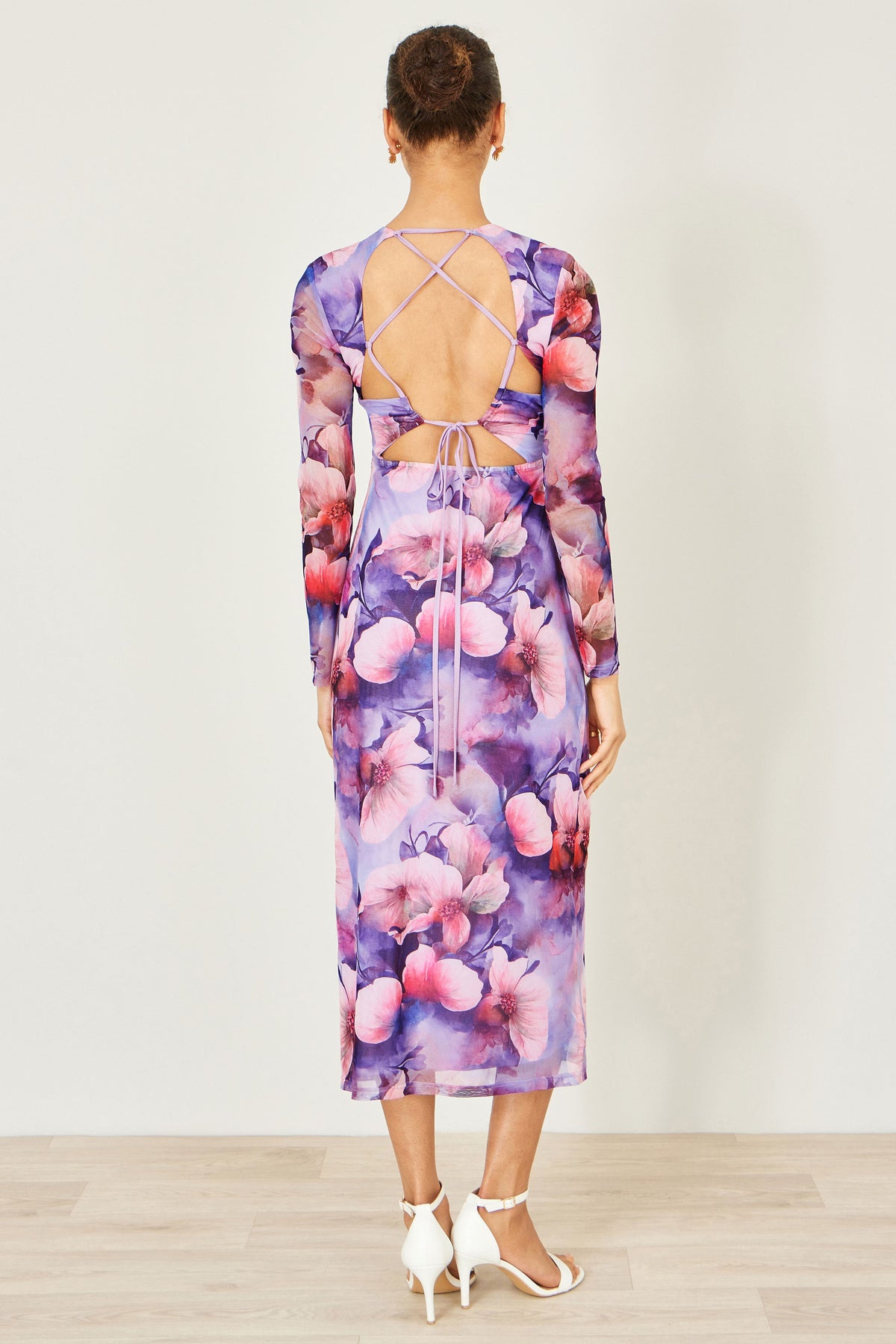 Yumi Purple Floral Mesh Midi Dress With Tie Back Dress Occasion Yumi