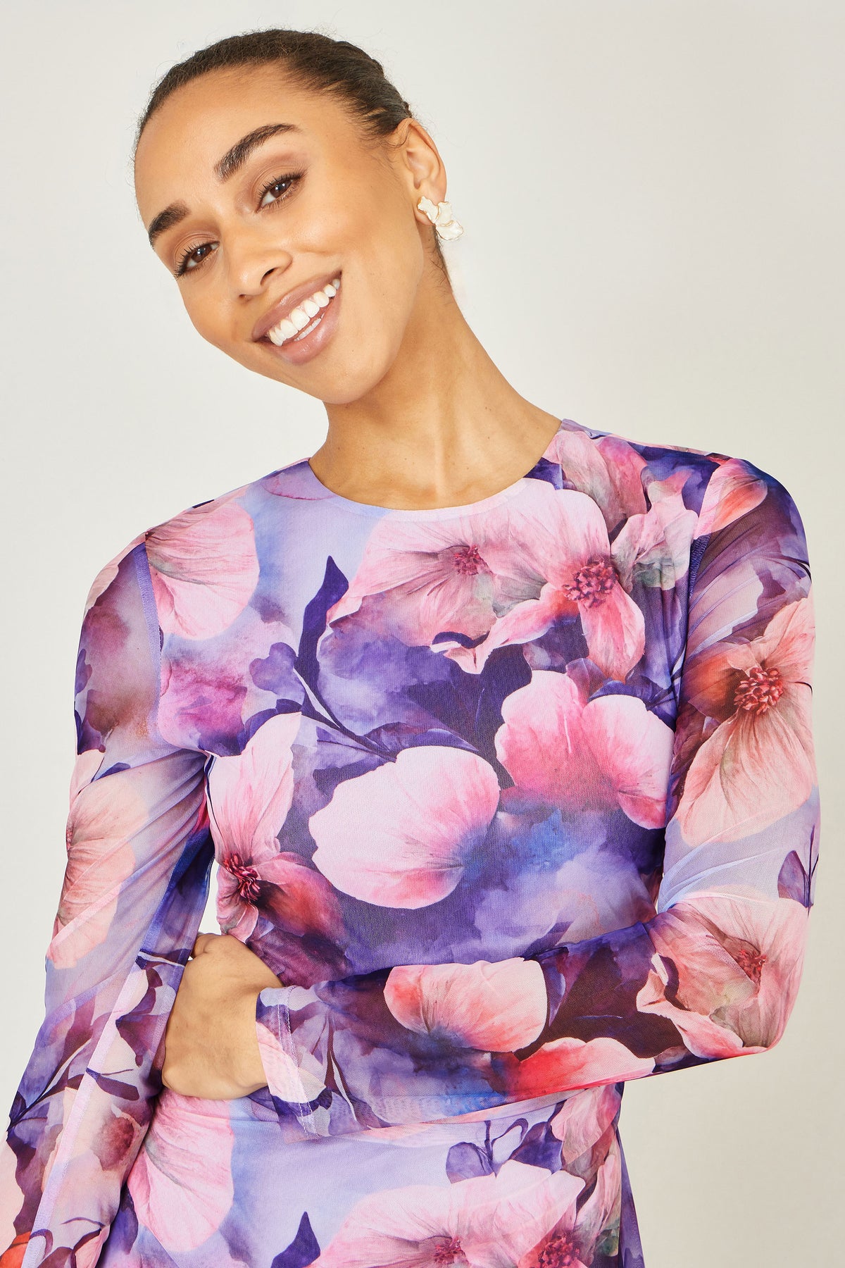 Yumi Purple Floral Mesh Midi Dress With Tie Back Dress Occasion Yumi