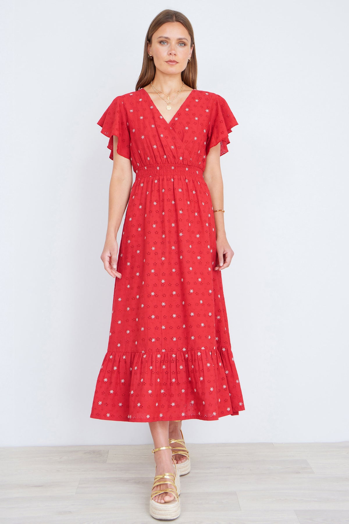 Yumi Red Broderie Anglaise Wrap Midi Dress With Flower Embroidery Dress Casual Yumi