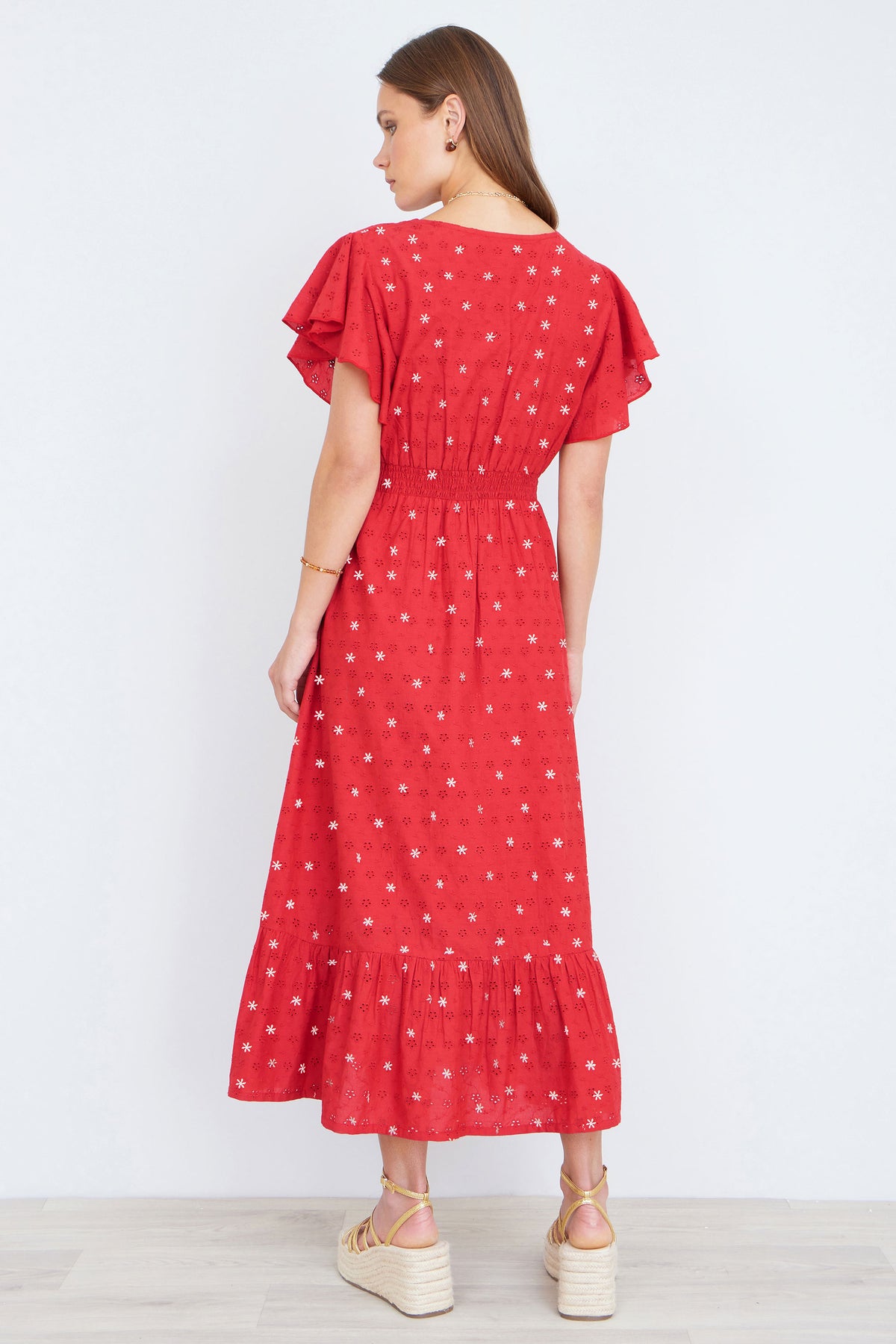 Yumi Red Broderie Anglaise Wrap Midi Dress With Flower Embroidery Dress Casual Yumi