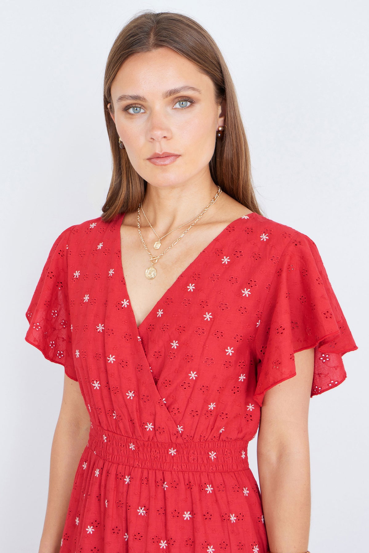 Yumi Red Broderie Anglaise Wrap Midi Dress With Flower Embroidery Dress Casual Yumi