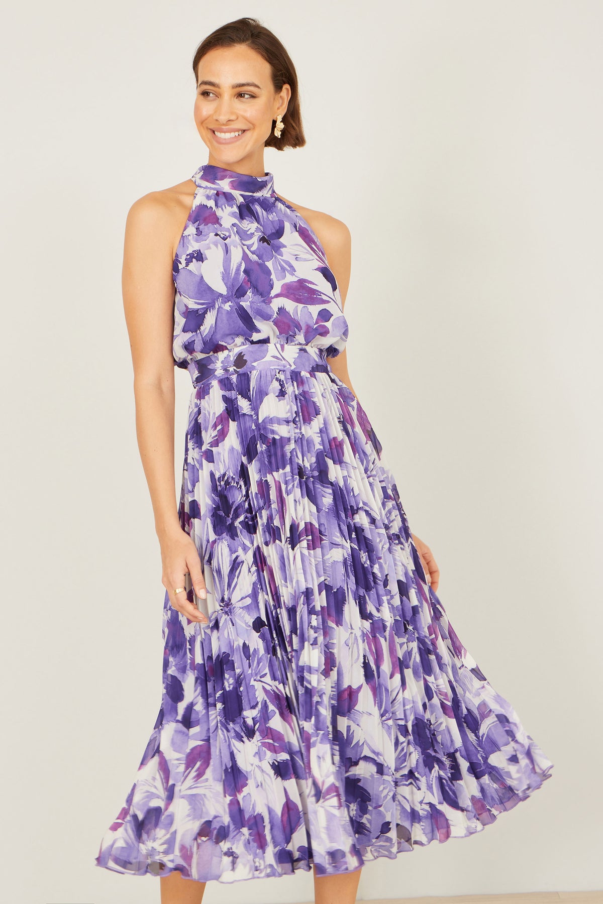 Yumi Purple Abstract Floral Halter Neck Pleated Midi Dress Dress Occasion Yumi