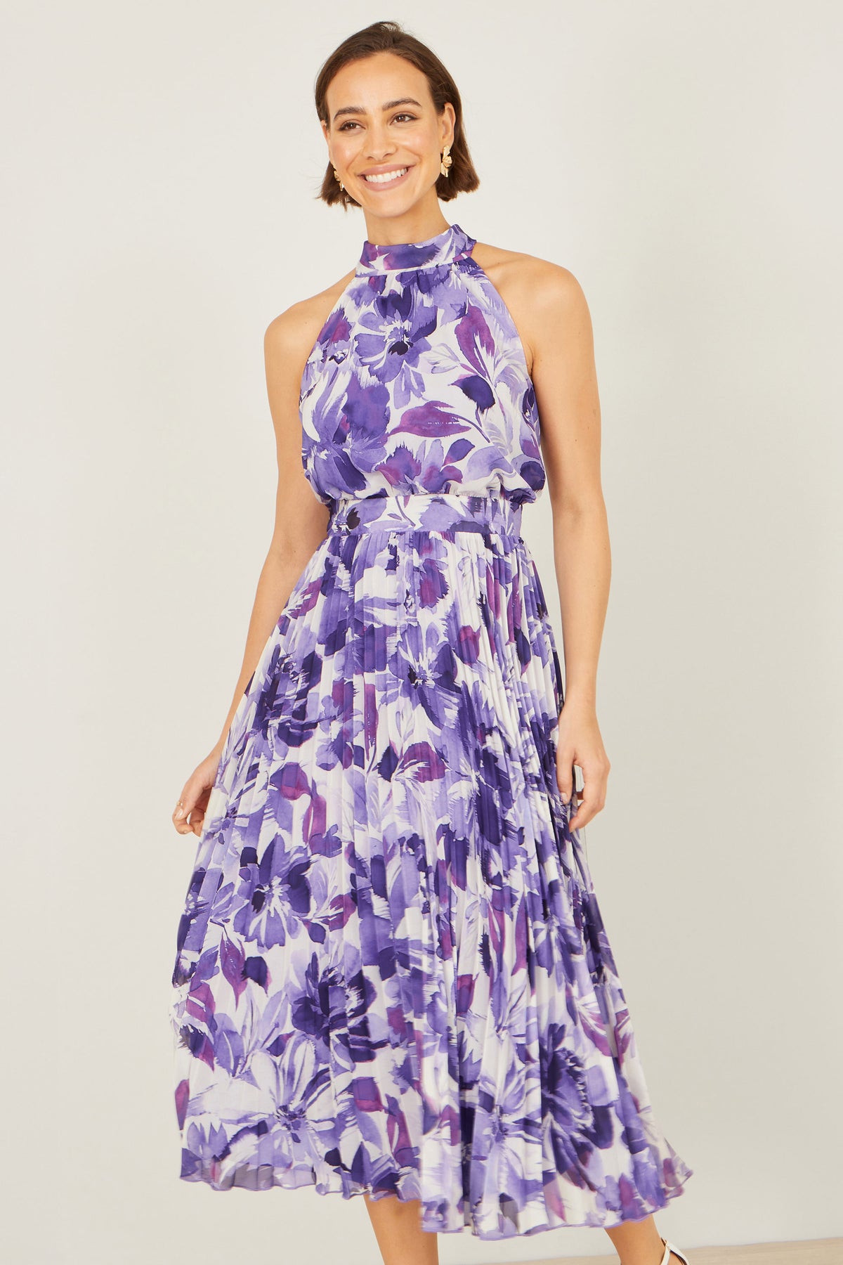 Yumi Purple Abstract Floral Halter Neck Pleated Midi Dress Dress Occasion Yumi