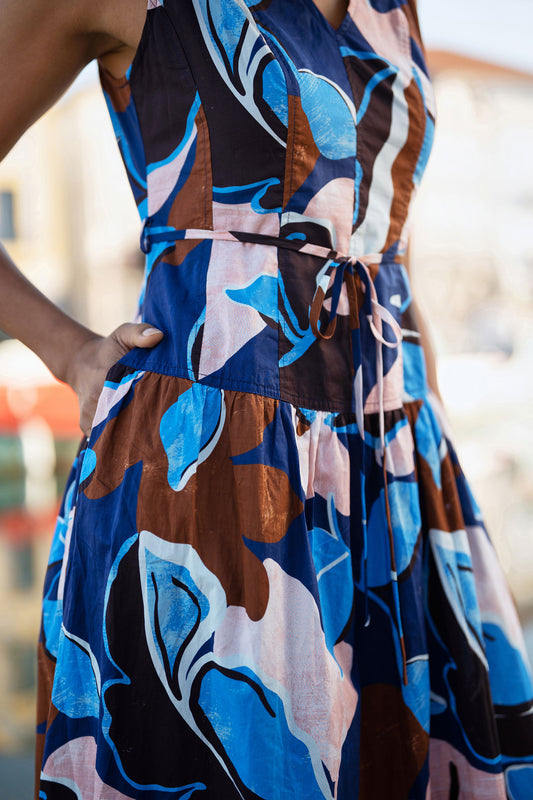 Yumi Blue Cotton Floral Abstract Dropped Waist Midi Dress Dress Casual Yumi