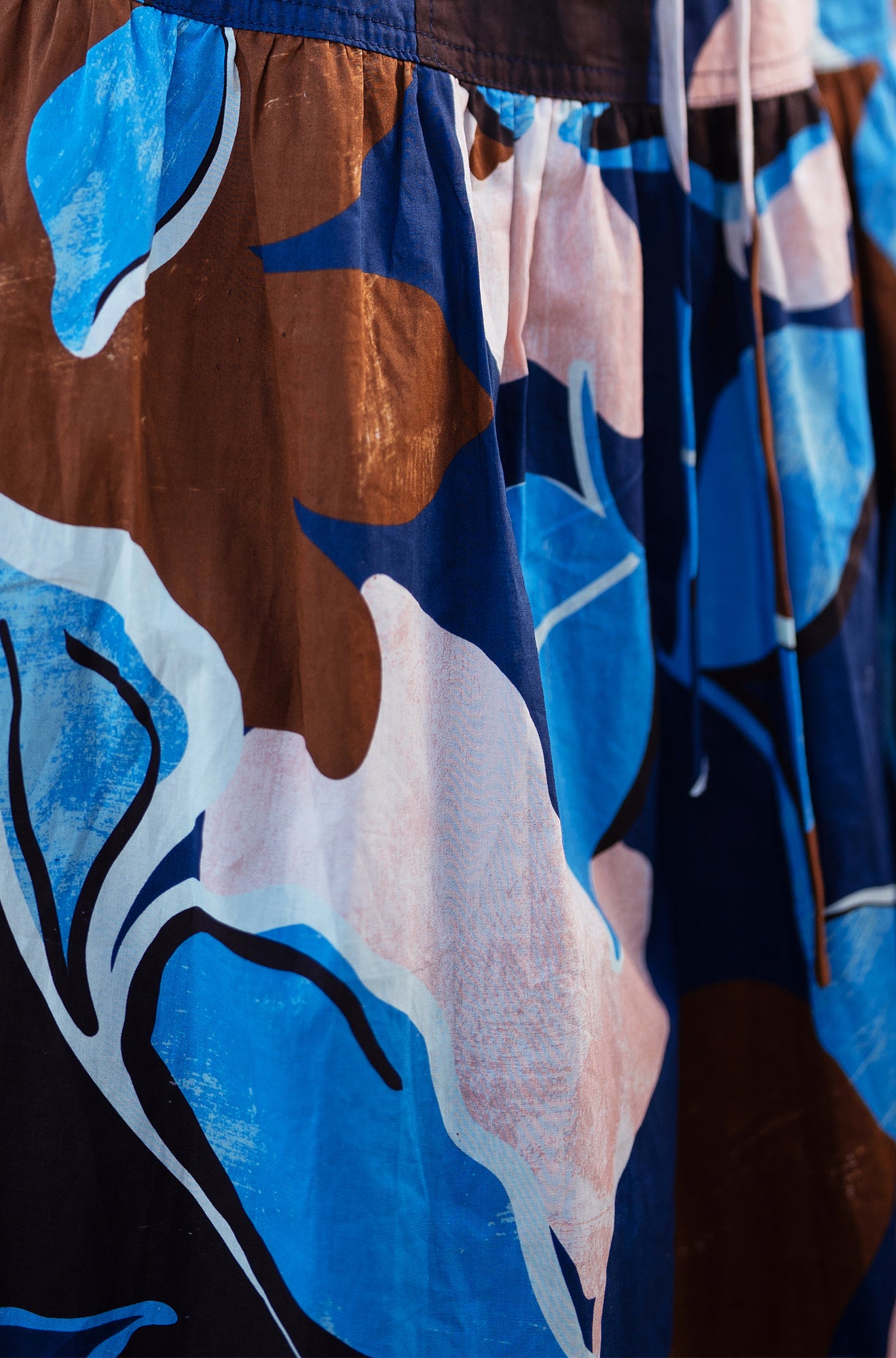 Yumi Blue Cotton Floral Abstract Dropped Waist Midi Dress Dress Casual Yumi