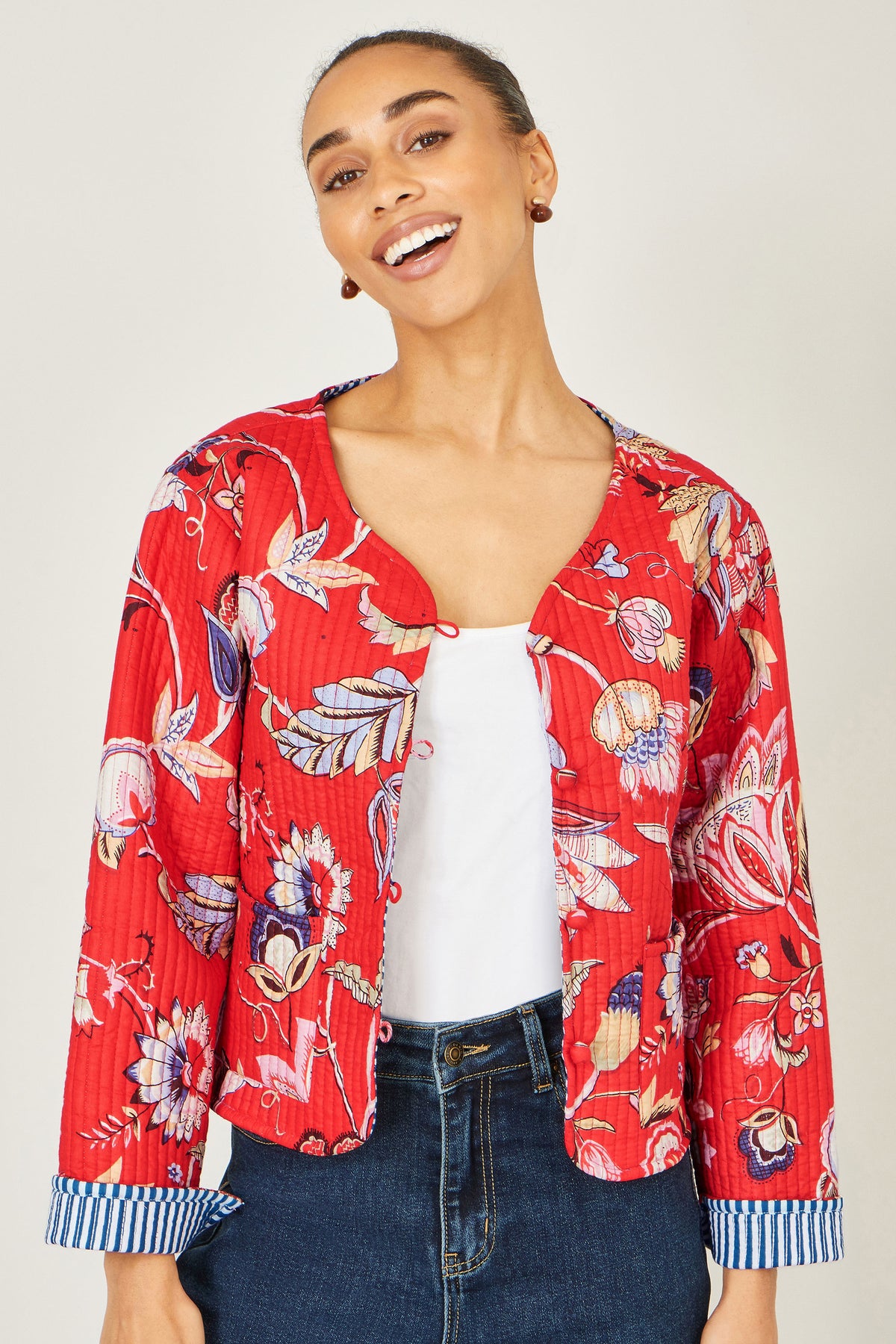 Yumi Red Boho Print Cotton Reversible Quilted Jacket Outerwear Yumi