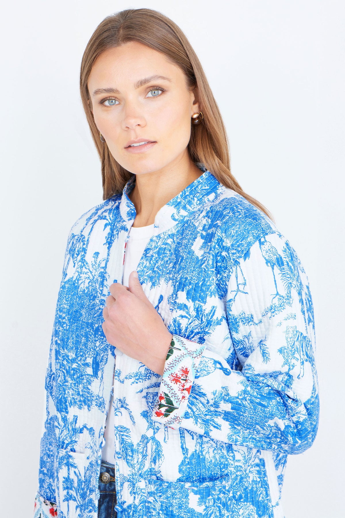 Yumi Blue Palm Reversible Cotton Quilted Jacket Outerwear Yumi