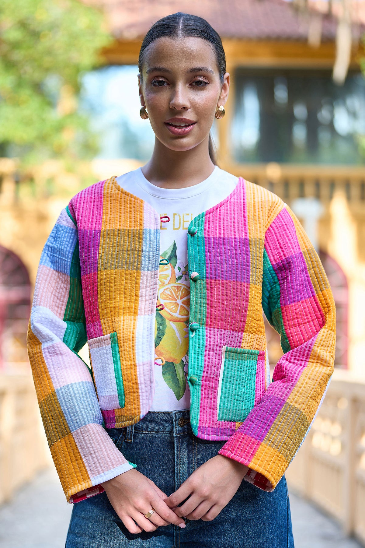 Yumi Multicolour Checked Cropped Reversible Cotton Quilted Jacket Outerwear Yumi