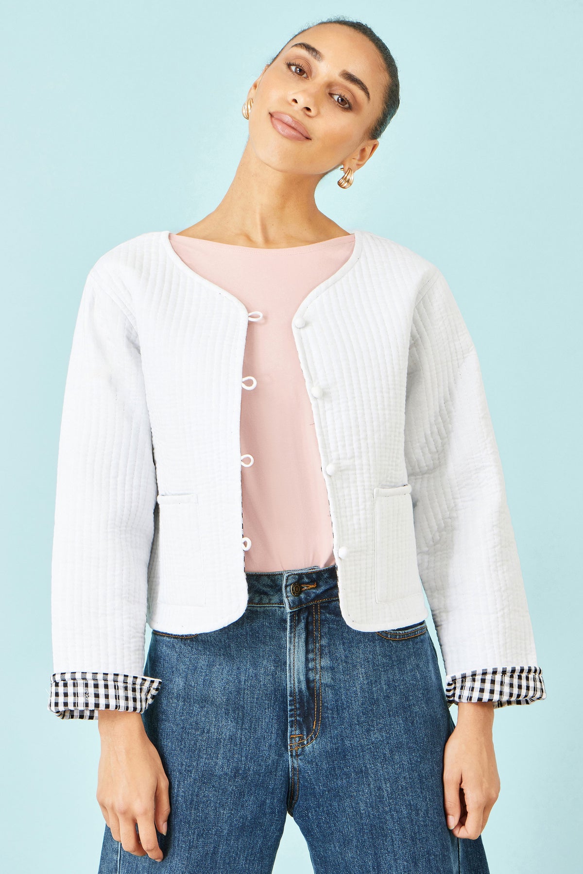 Yumi White Gingham Reversible Cotton Quilted Cropped Jacket Outerwear Yumi