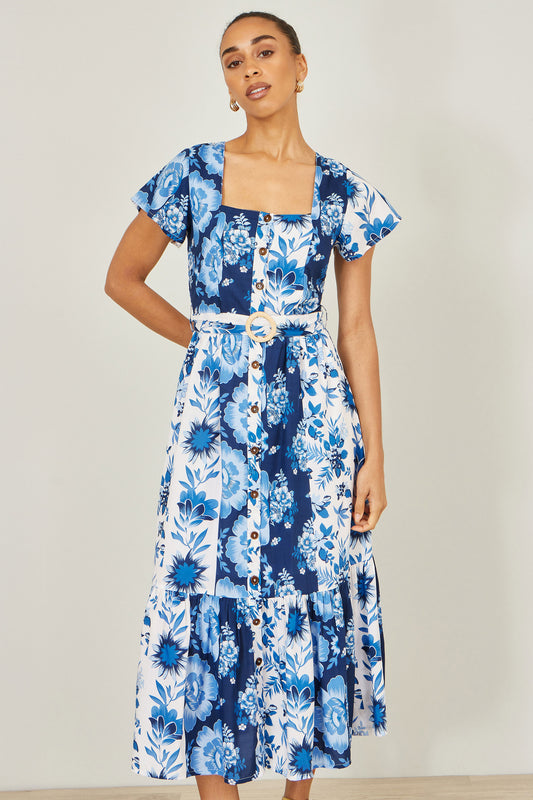 Yumi Blue Floral Viscose Midi Shirt Dress With Matching Belt Dress Casual Yumi