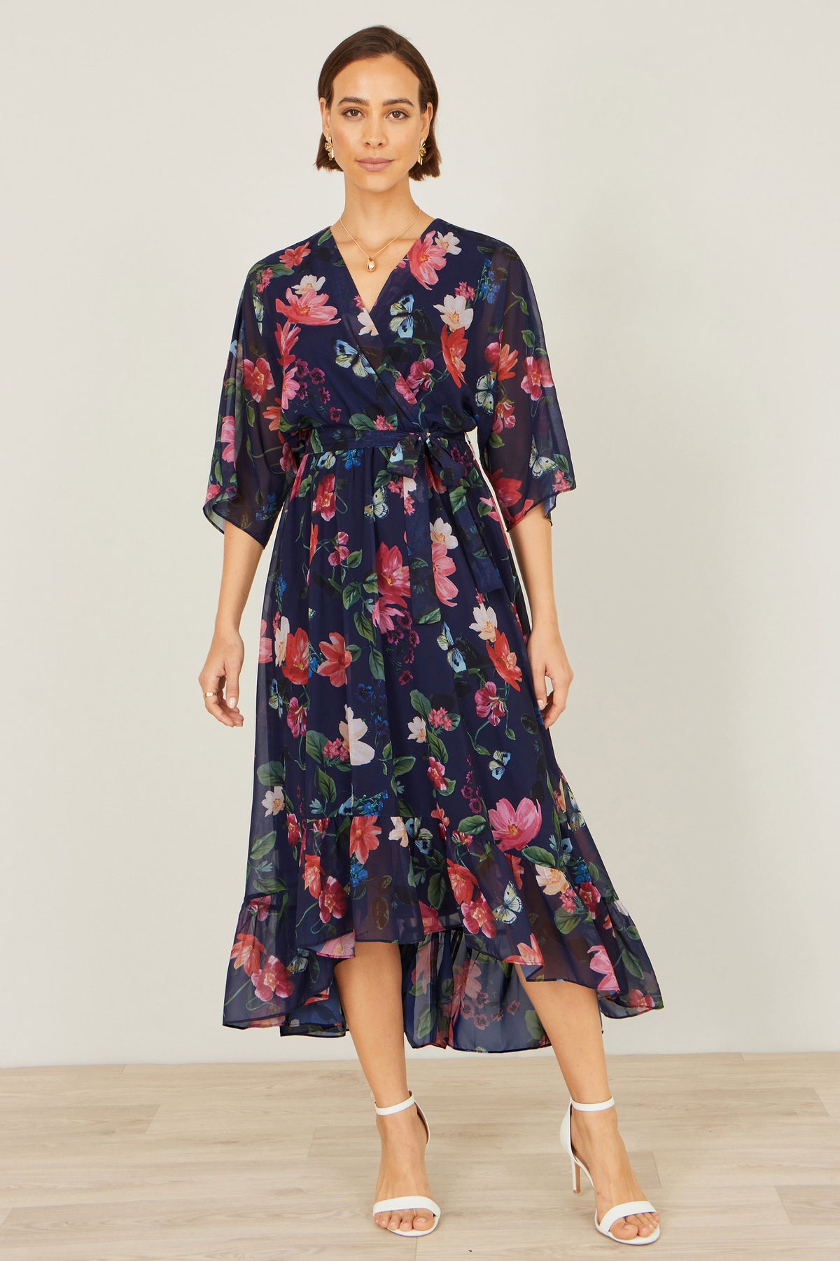 Yumi Navy Floral Kimono Wrap Dress With Dip Hem Dress Occasion Yumi