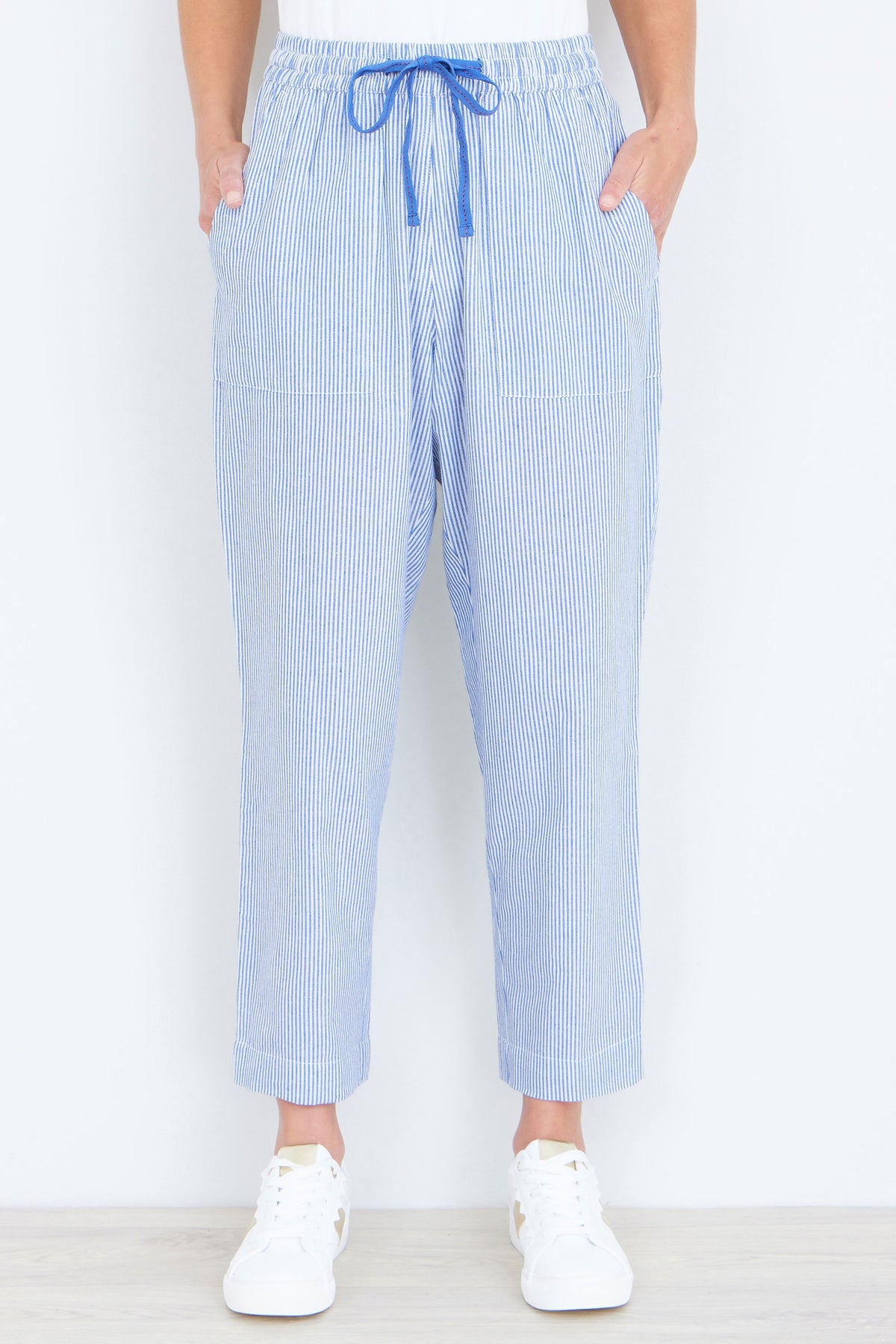 Yumi Blue Cotton Stripe Cropped Trousers TROUSER Yumi