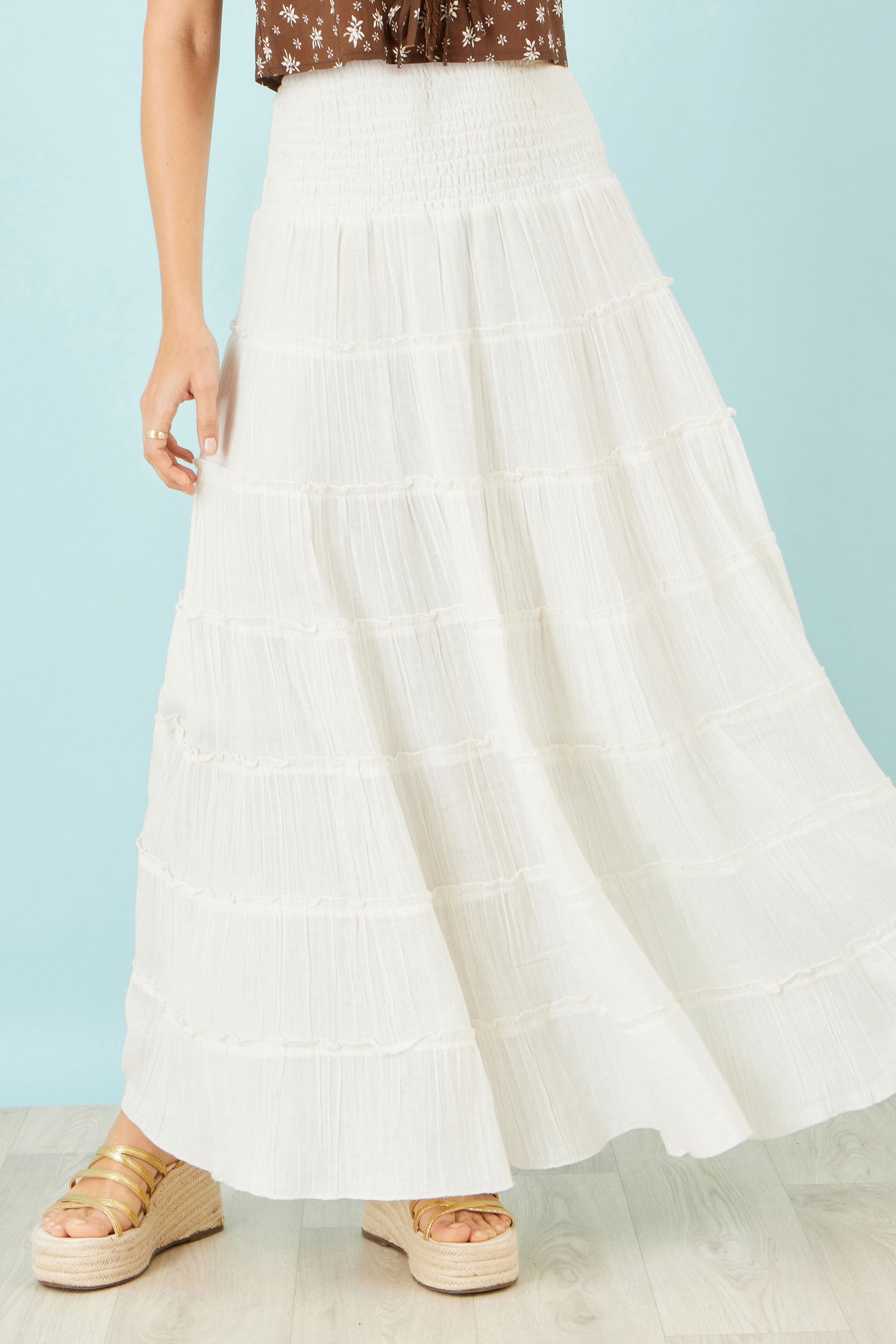 Yumi White Double Cotton Tiered Boho Maxi Skirt Skirts Yumi