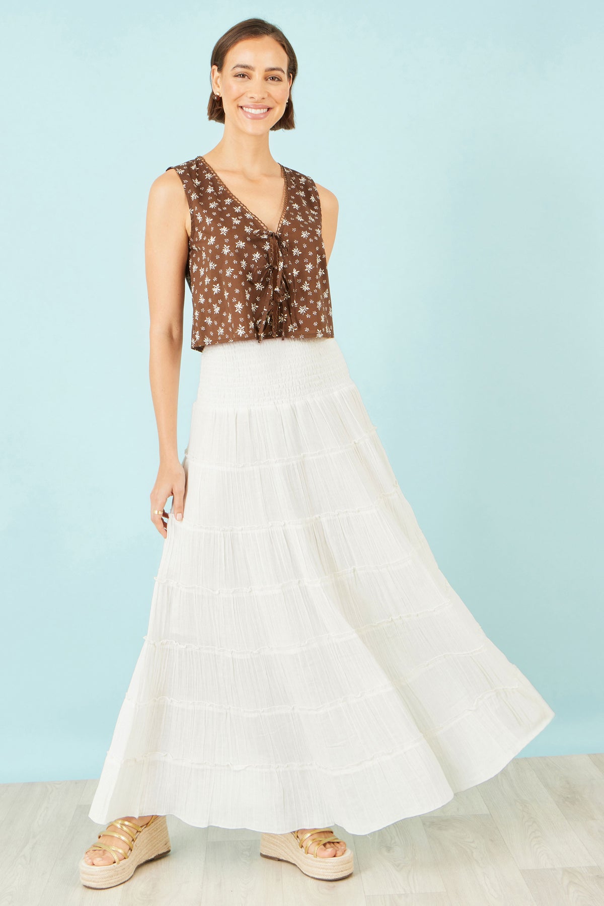 Yumi White Double Cotton Tiered Boho Maxi Skirt Skirts Yumi