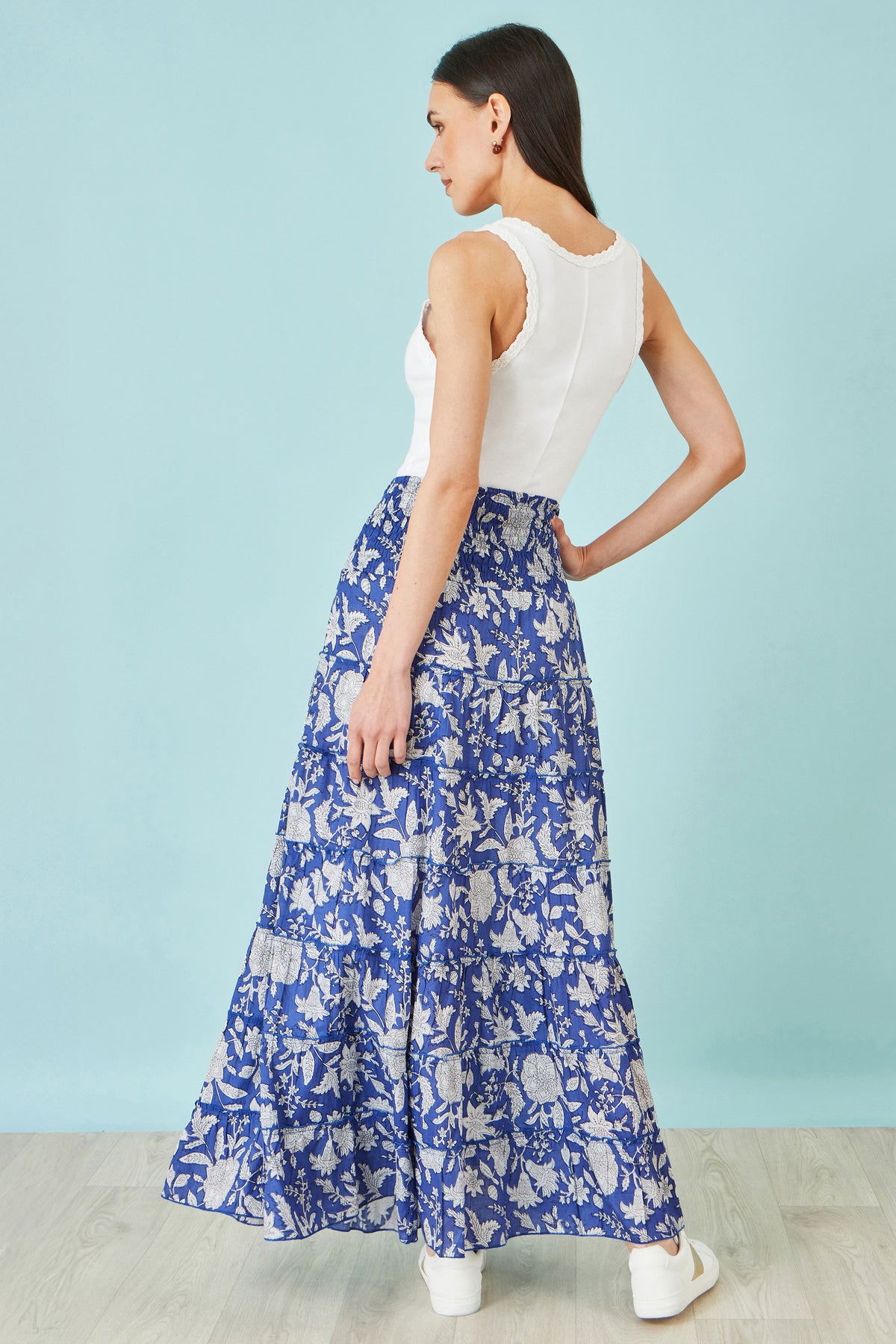 Yumi Blue Floral Cotton Tiered Maxi Skirt Skirts Yumi