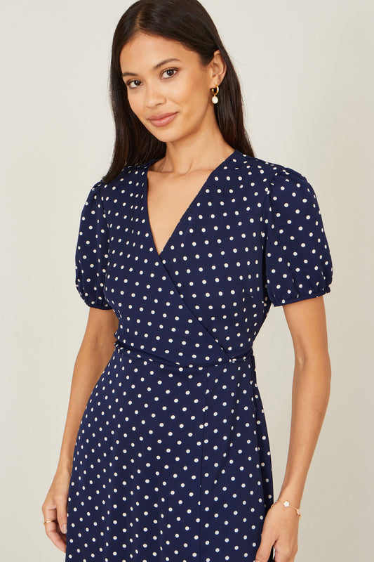 Yumi Navy Spot Wrap Midi Tea Dress Dress Casual Yumi