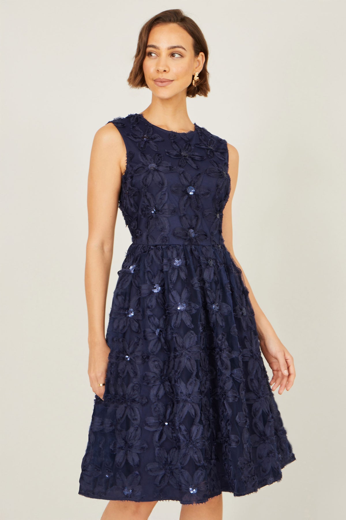 Yumi Navy Sequin Floral Applique Skater Dress Dress Occasion Yumi