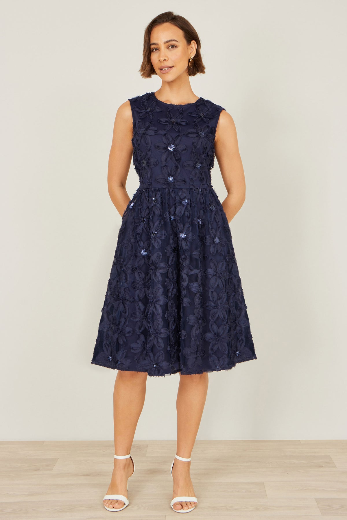 Yumi Navy Sequin Floral Applique Skater Dress Dress Occasion Yumi