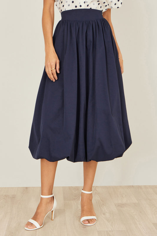 Yumi Navy Satin Bubble Hem Midi Skirt Skirts Yumi