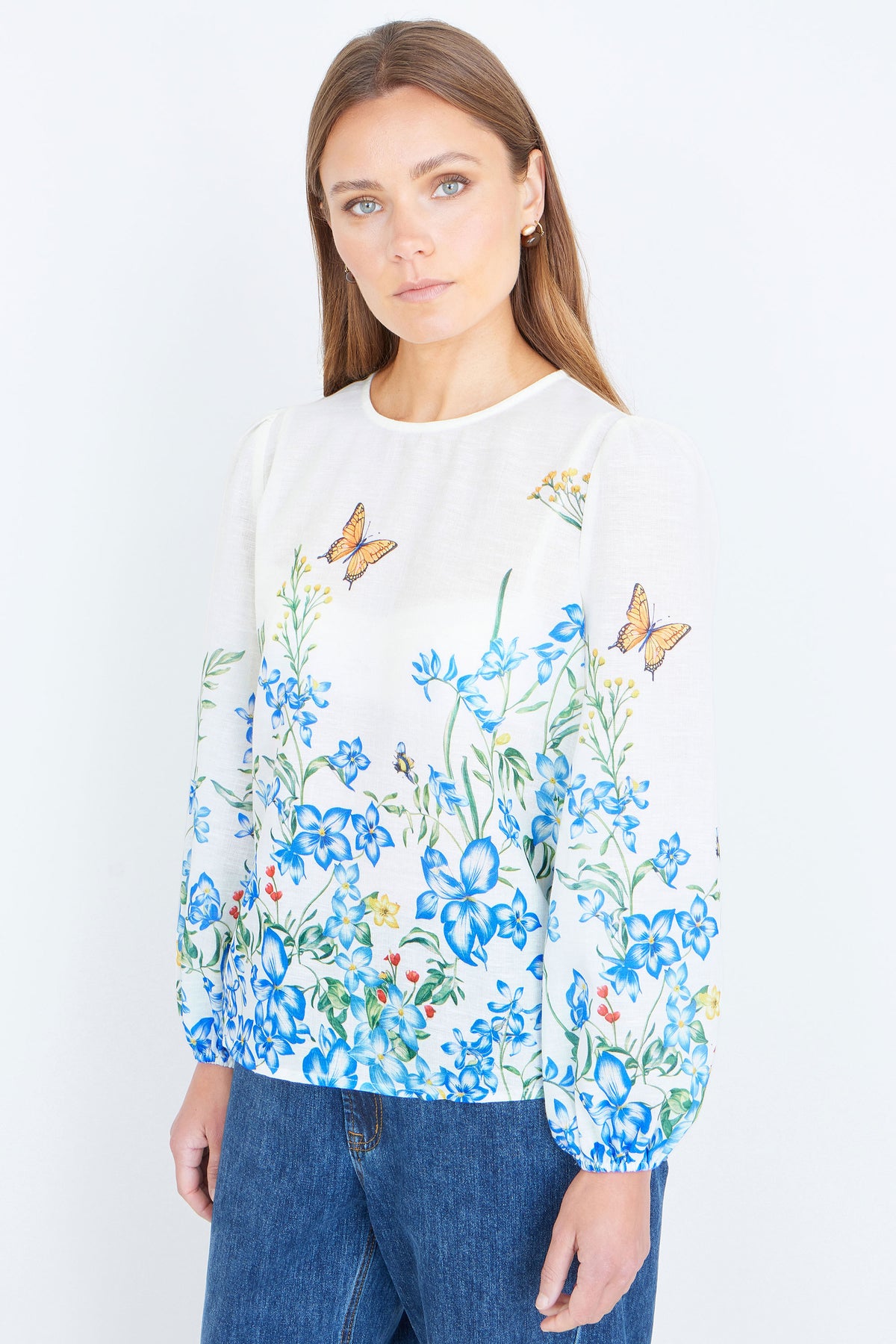 Yumi Ivory Butterfly Print Long Sleeve Top Tops Yumi