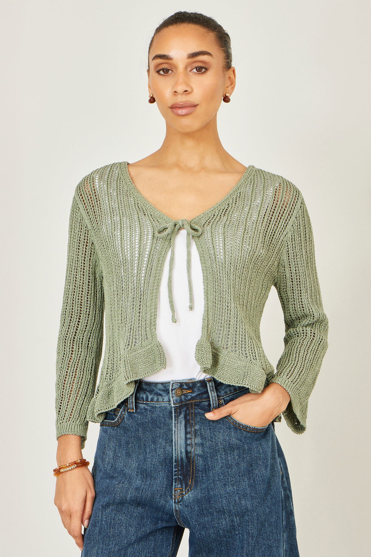 Yumi Green Tie Front Pointelle Cardigan Knit Cardigan Yumi