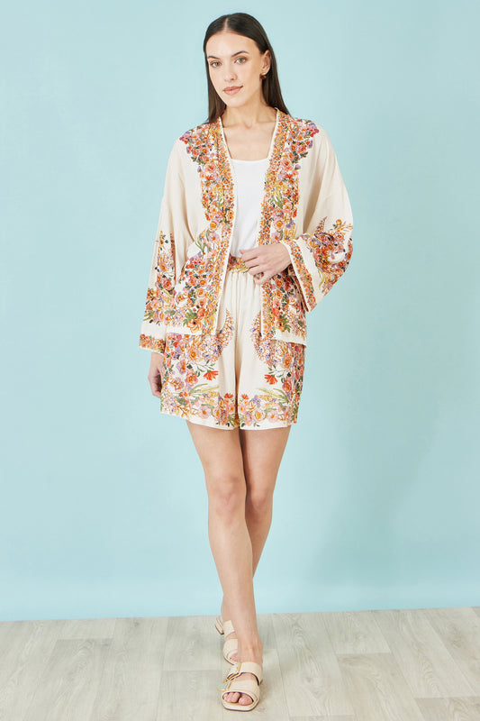Yumi Ivory Viscose Floral Border Kimono With Tie Belt Outerwear Yumi
