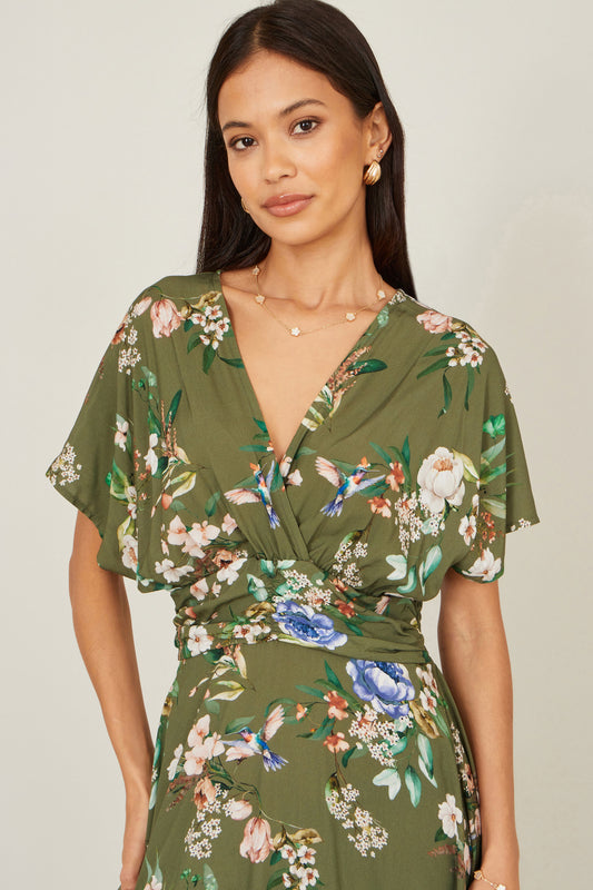 Yumi Sage Green Viscose Floral Print Midi Dress With Ruched Waist Dress Casual Yumi